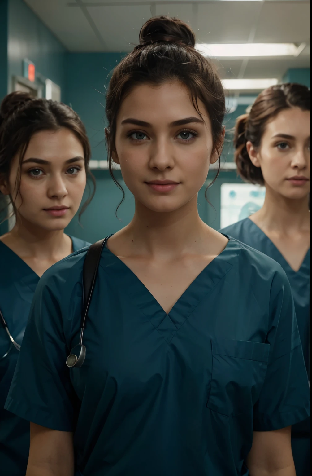 Ultra realistic, Cinematic, team of 3 surgical nurses, 3 scottish teeanger girls, all girls standing, working in surgery, 17 years old,  body, pale skin, beautiful face, big smile, detailed face, ultra soft and ultra light slight dark teal women hospital scrubs, dark teal hospital scrubs, wide angle showing full body,  hospital ward, people, bokeh wearing dark-teal surgical scrubs, wide angle, showing full body, short hair tied up, hair bun, hair tied as chignons
