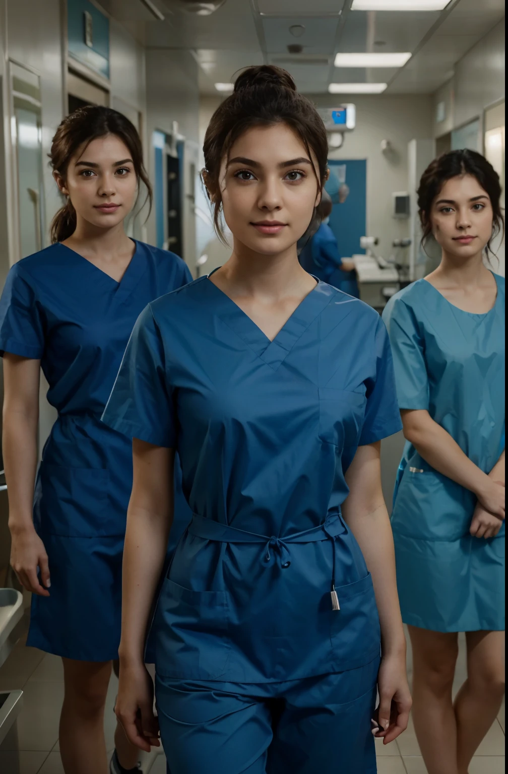 Ultra realistic, Cinematic, team of 3 surgical nurses, 3 american teeanger girls, all girls standing, working in surgery, 17 years old,  body, pale skin, beautiful face, big smile, detailed face, ultra soft and ultra light slight small blue women hospital scrubs, dark royal-blue, ocean blue hospital scrubs, wide angle showing full body,  hospital ward, people, bokeh wearing dark-teal surgical scrubs, wide angle, showing full body, short hair tied up, hair bun, hair tied as chignons