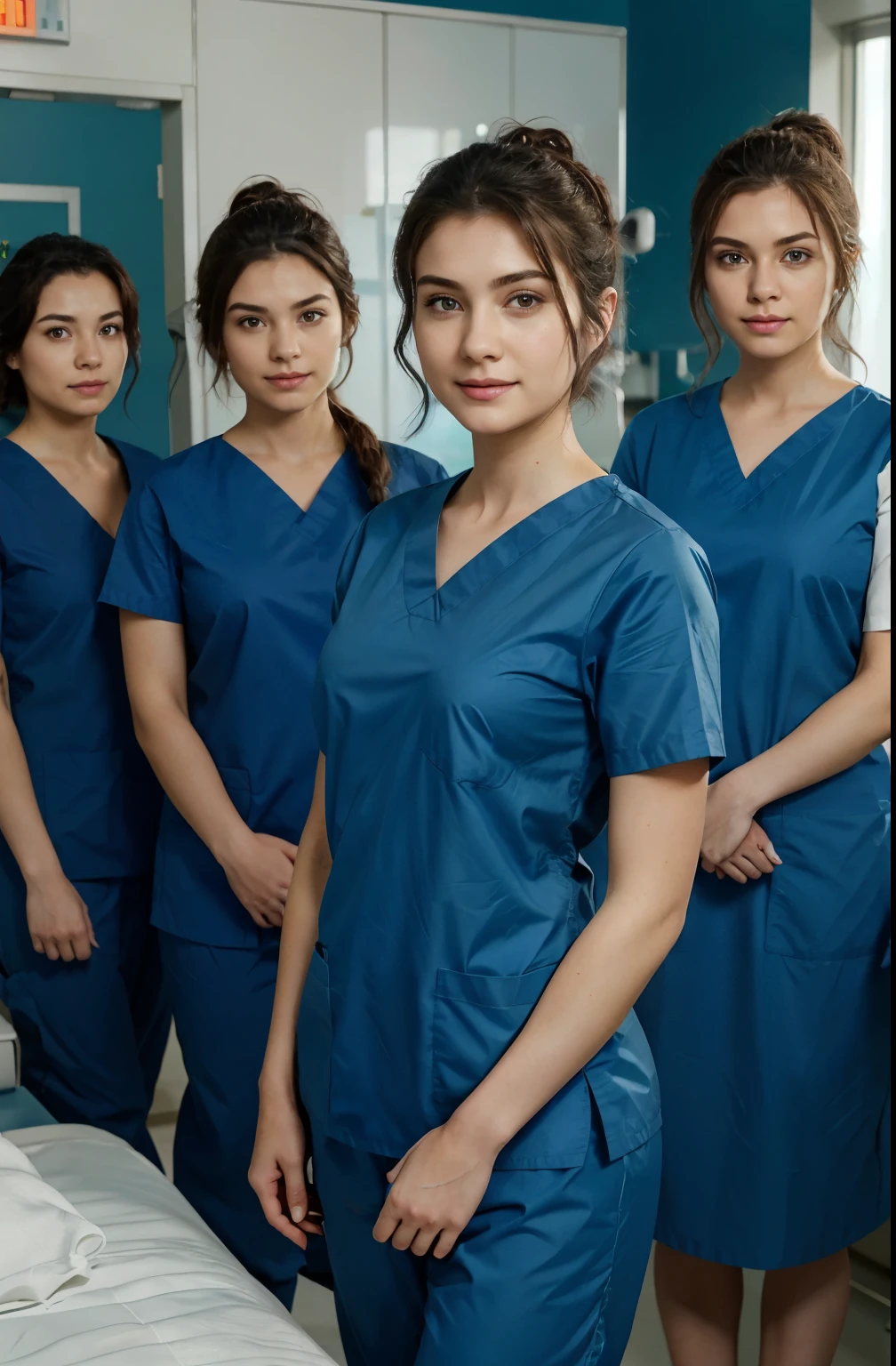 Ultra realistic, Cinematic, team of 3 surgical nurses, 3 american teeanger girls, all girls standing, working in surgery, 17 years old,  body, pale skin, beautiful face, big smile, detailed face, ultra soft and ultra light slight small blue women hospital scrubs, dark royal-blue, ocean blue hospital scrubs, wide angle showing full body,  hospital ward, people, bokeh wearing dark-teal surgical scrubs, wide angle, showing full body, short hair tied up, hair bun, hair tied as chignons