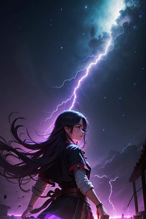 Una maquina grande lanzando rayos morados al cielo