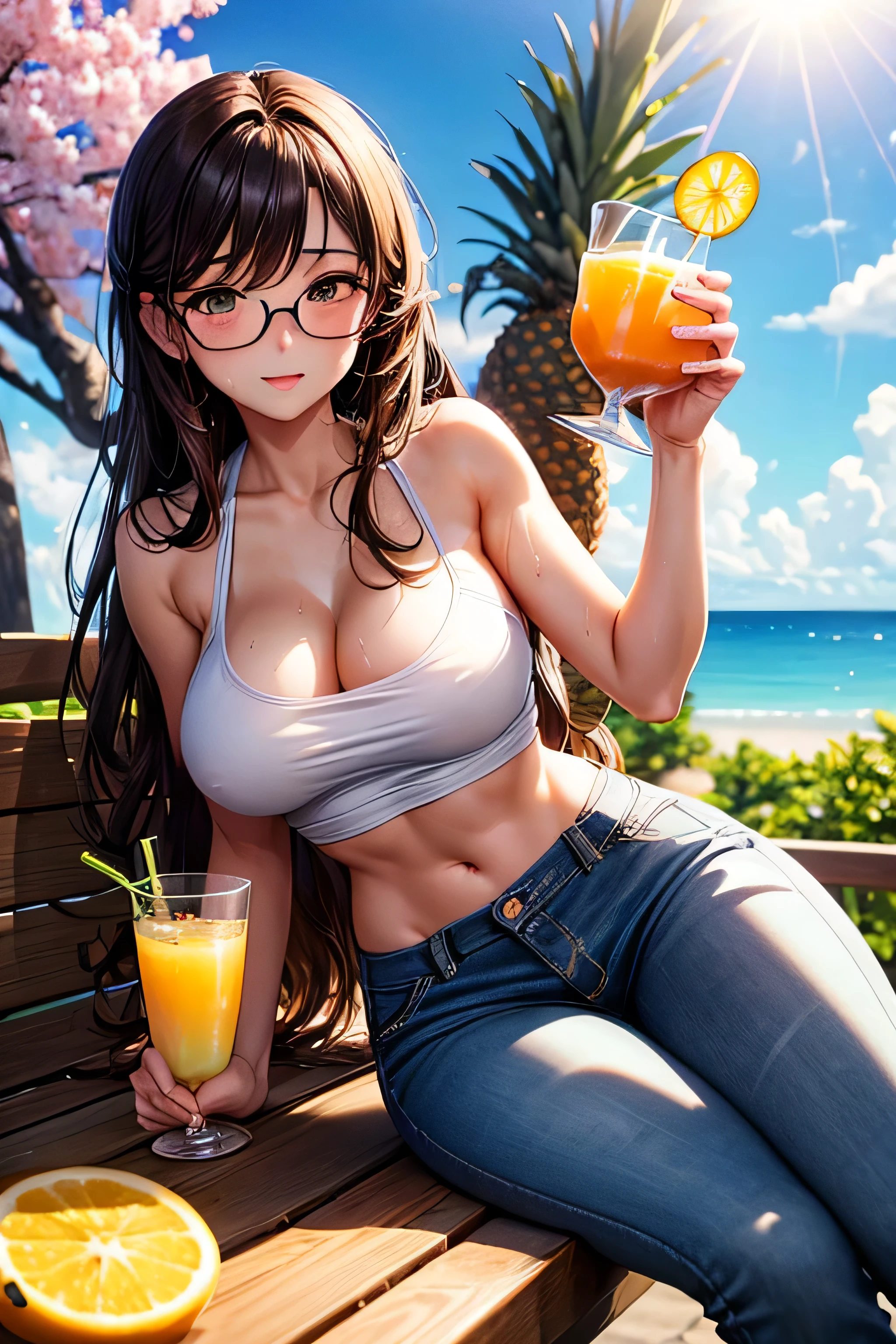 (Very detailed, 最high quality, Anatomically perfect body),High resolution, high quality, One girl, Anime Girls,Brown long hair, Brown eyes, Green glasses,heart shaped pupils,Sunburned skin, Large Breasts,beautiful breasts,pointy breasts,(Big Ass),beautiful ass,Embarrassed,Tank Top,jeans,lower body,sweat,wet,sitting,(open legs),cherryblossom,at cafe,(lemon juice),(orange juice),(Pineapple juice),(Mango juice),(water),