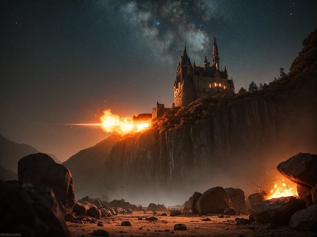 cinematic film still ral-dissolve Amidst the towering cliffs, the Cyclops stomped with earth-shaking force, its single eye glaring fiercely at its adversaries. With a boulder the size of a castle turret in its grasp, it hurled the massive rock with deadly accuracy, crushing anything foolish enough to stand in its way., in A deserted carnival at night, with faded lights and a sense of eerie silence, sharp contrast, Silhouette Shot, 50mm, f/2.8 Explosion Artstyle, shallow depth of field, vignette, highly detailed, high budget Hollywood film, bokeh, cinemascope, moody, epic, gorgeous, film grain