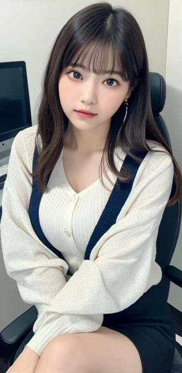 masterpiece, highest quality, 8k, 20th generation, Big Breasts, cute, alone, sad, cute, Girlish,cute 繊細な女の子, cute、Pure beauty, RAW Photos, Professional photography, Portraiture, Soft Light, Professional Lighting, Backlight, Upper Body, avert your eyes, Sophisticated, Film Grain, (Eye and facial details:1.0), Round face、Floating Hair, beautiful, Flowing hair, Asymmetrical bangs、(Big Breasts:1.0)、loose white blouse、Navy blue cardigan、You can see a little bit of her chest、Micro Mini Skirt、Exposed thighs、Voluptuous thighs、dolly make、Heterochromia iridis、Office at night、In front of the computer、sitting in an office chair、