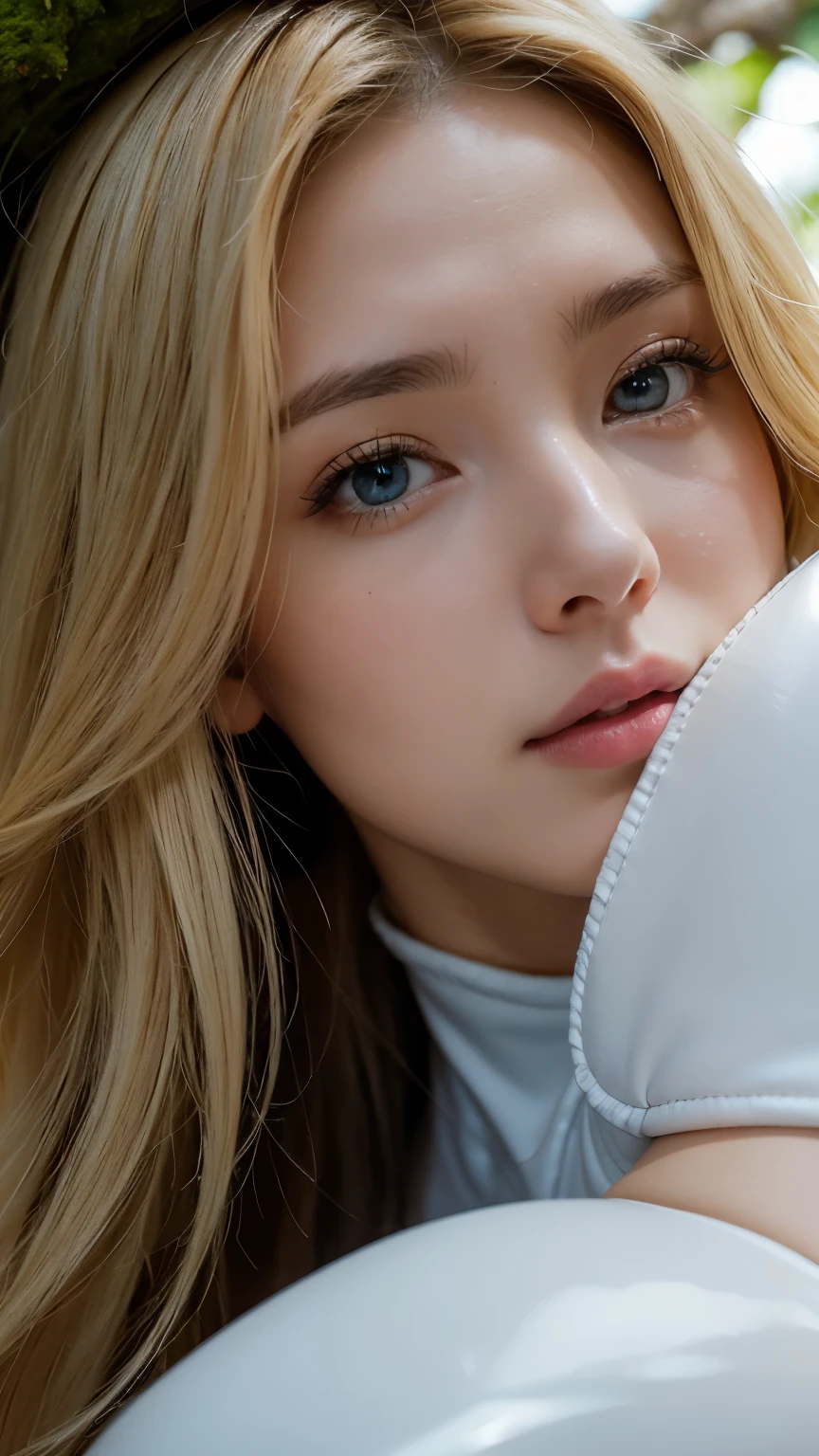 Strong light, Strong contrast, In an open-roofed cave、Sunlight shines through green moss and ferns。, And open( Ocean View:1.1) end, Cel-shaded rendering, 4K, 360 degrees, Equirectangular projection, what, One Girl, 30-year-old woman、Beautiful woman、Long Blonde Hair、White Latex Leotard、White long boots、White arm cover、masterpiece, 最high quality, high quality, High resolution, (((Face close-up)))、Large Breasts、Cleavage