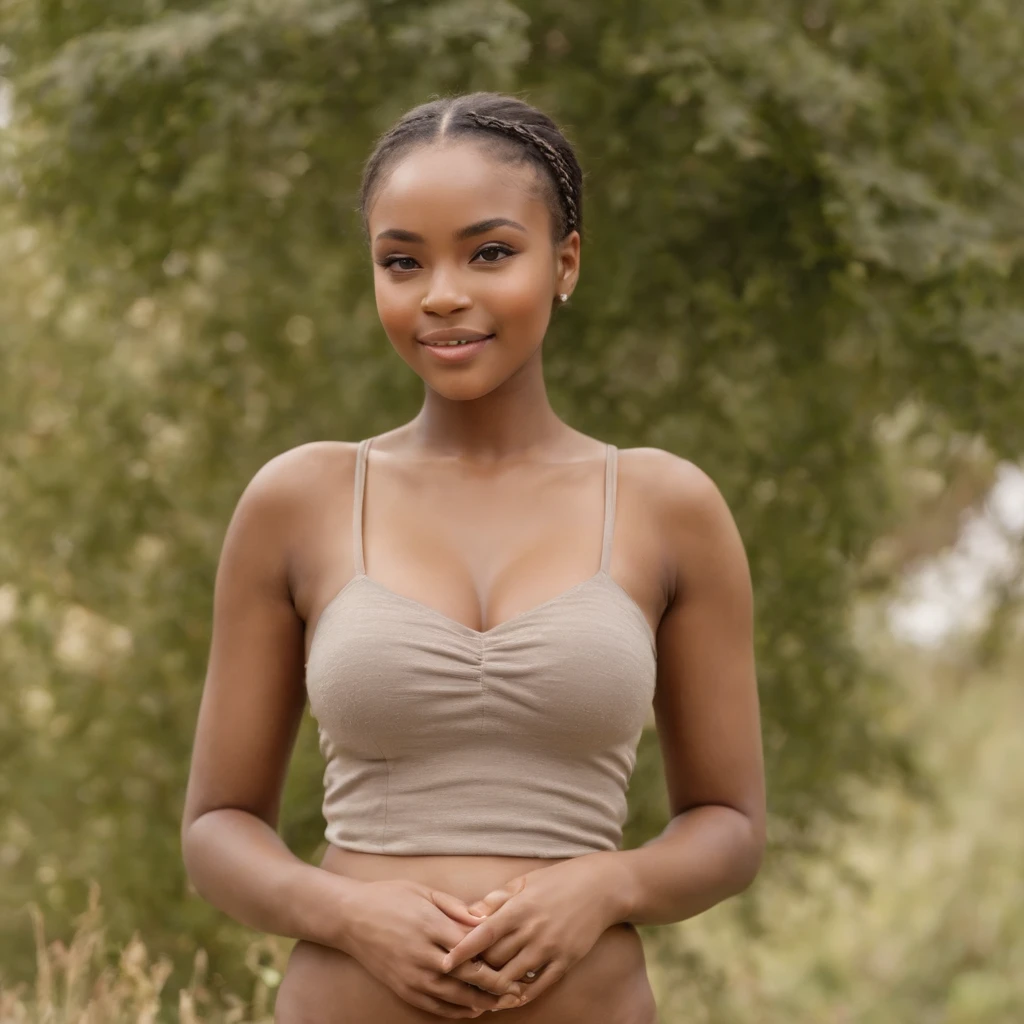 best quality, high detail, (detailed face), detailed eyes,((best quality, masterpiece)), ((2 caramel skinned African girl)), , large butt,large breasts,pierced,pregnant,baby face, (arms at side:1.2),big hip bones, ponytail, black hair, standing, outdoors, smiling