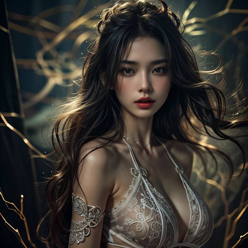 a sensual woman with flowing hair, elegant pose, beautiful detailed eyes, beautiful detailed lips, extremely detailed face, long eyelashes, beautiful skin, intricate jewelry, delicate lace lingerie, sheer fabric, dramatic lighting, cinematic composition, ethereal atmosphere, muted color palette, chiaroscuro lighting, dramatic shadows, dreamlike, erotic, elegant, refined, captivating