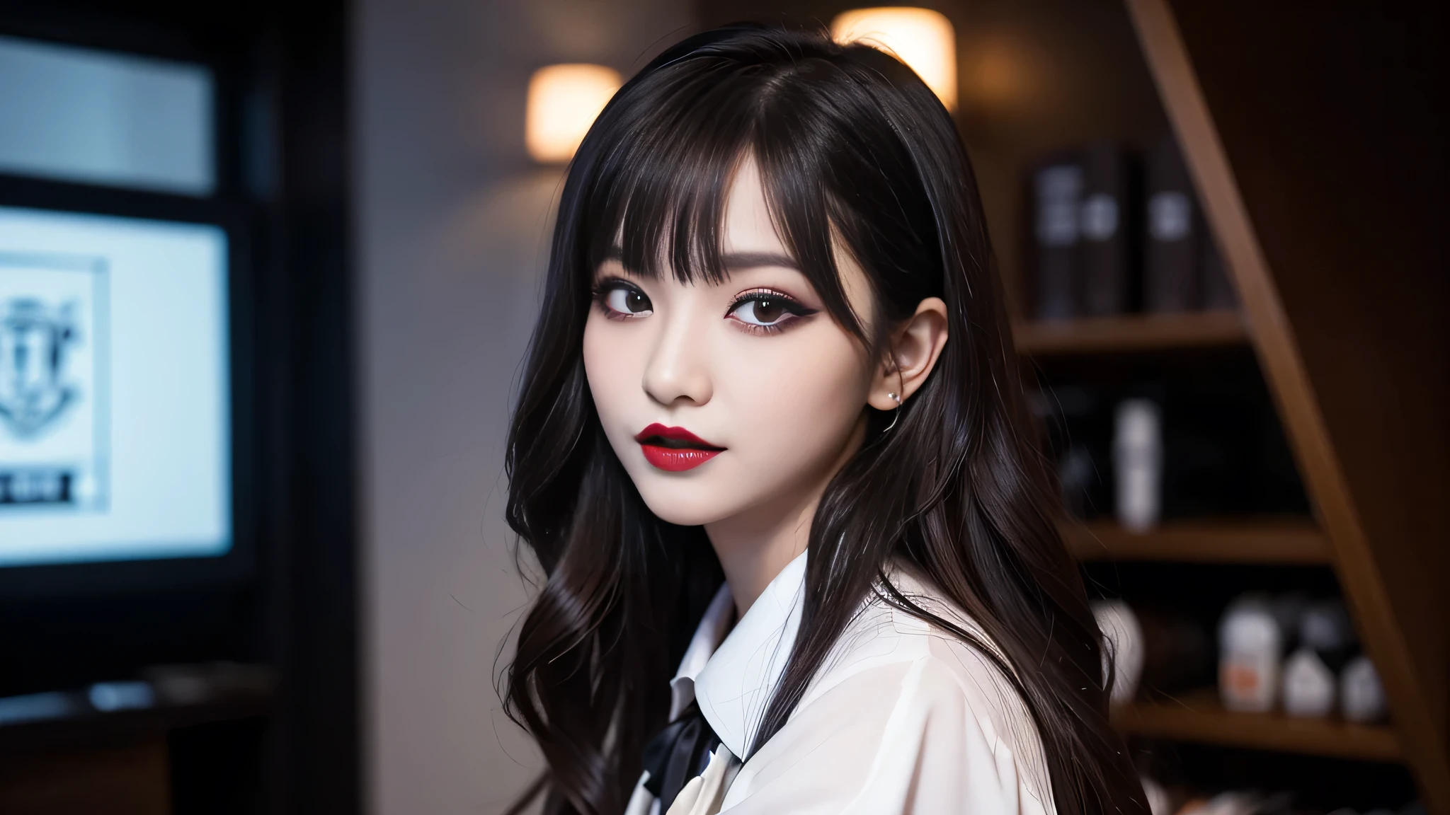 best quality、ultra-detailed、4k、Japanese、Seductive beauty、seductive adult woman、Pretty Woman、cool girl、Villainess、Brainwashed、brainwash、Fallen into evil、smirk、Evil look、Wicked Smile、evil、Brown hair、wavy hair、swept bangs、dark makeup、dark makeup、piercing eyes、hollow eyes,half-closed eyes、Hollow Eyes、purple Eyeshadow、black lipstick、black lipglos、office staff suit、suit、Jacket、Black sleeves、White Shirt、Black Ribbon、Tight Skirt、pantyhose、night、inside darkroom、Are standing、shoot from below、Have lipstick、Spider hair ornament、Emblem of Evil、Crest of Darkness、Swear allegiance、I have pledged my allegiance、Dye black、Blackening、Stained with evil、Dyed in darkness、Seduce