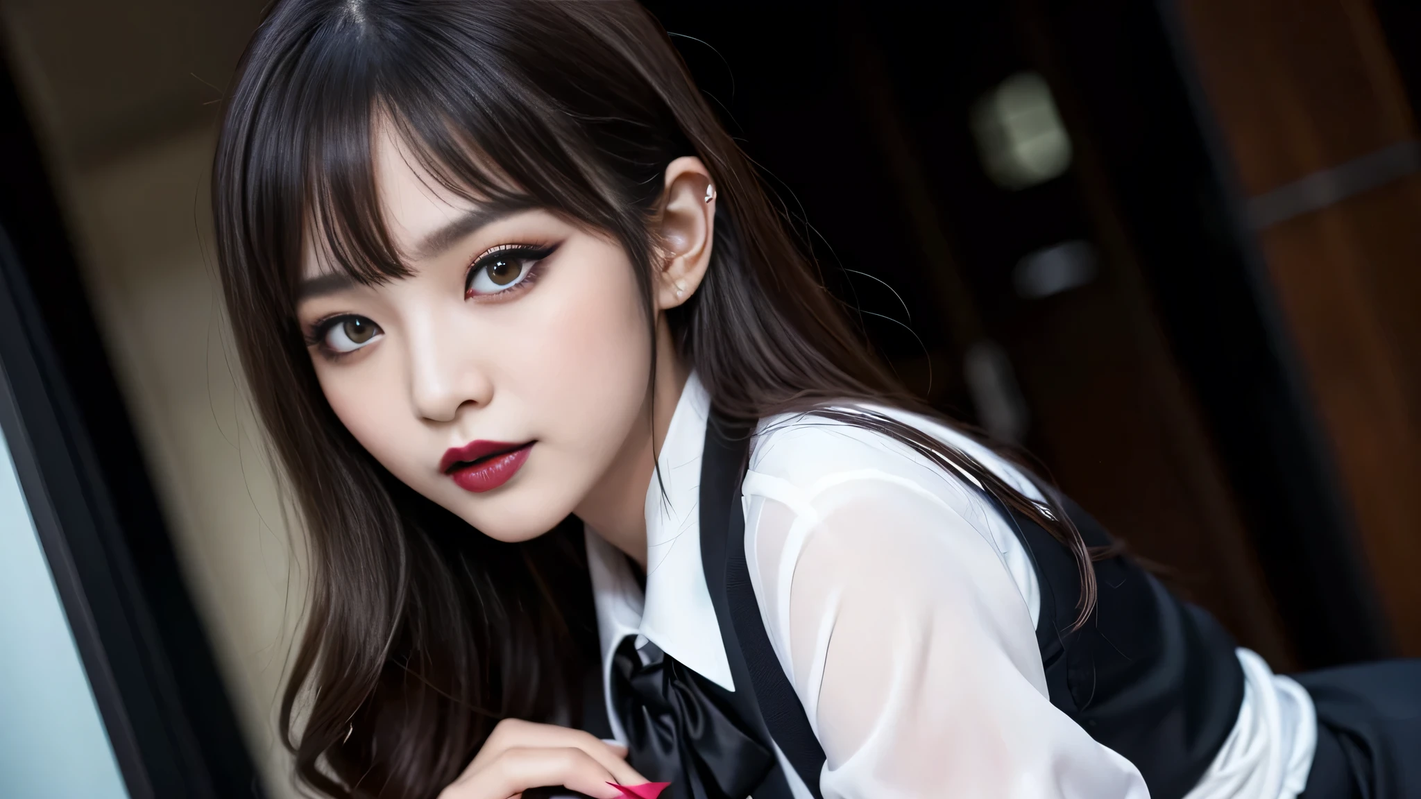 best quality、ultra-detailed、4k、Japanese、Seductive beauty、seductive adult woman、Pretty Woman、cool girl、Villainess、Brainwashed、brainwash、Fallen into evil、smirk、Evil look、Wicked Smile、evil、Brown hair、wavy hair、swept bangs、dark makeup、dark makeup、piercing eyes、hollow eyes,half-closed eyes、Hollow Eyes、purple Eyeshadow、black lipstick、black lipglos、office staff suit、suit、Jacket、Black sleeves、White Shirt、Black Ribbon、Tight Skirt、pantyhose、night、inside darkroom、Are standing、shoot from below、Have lipstick、spider、Emblem of Evil、Crest of Darkness、Swear allegiance、I have pledged my allegiance、Dye black、Blackening、Stained with evil、Dyed in darkness、Seduce