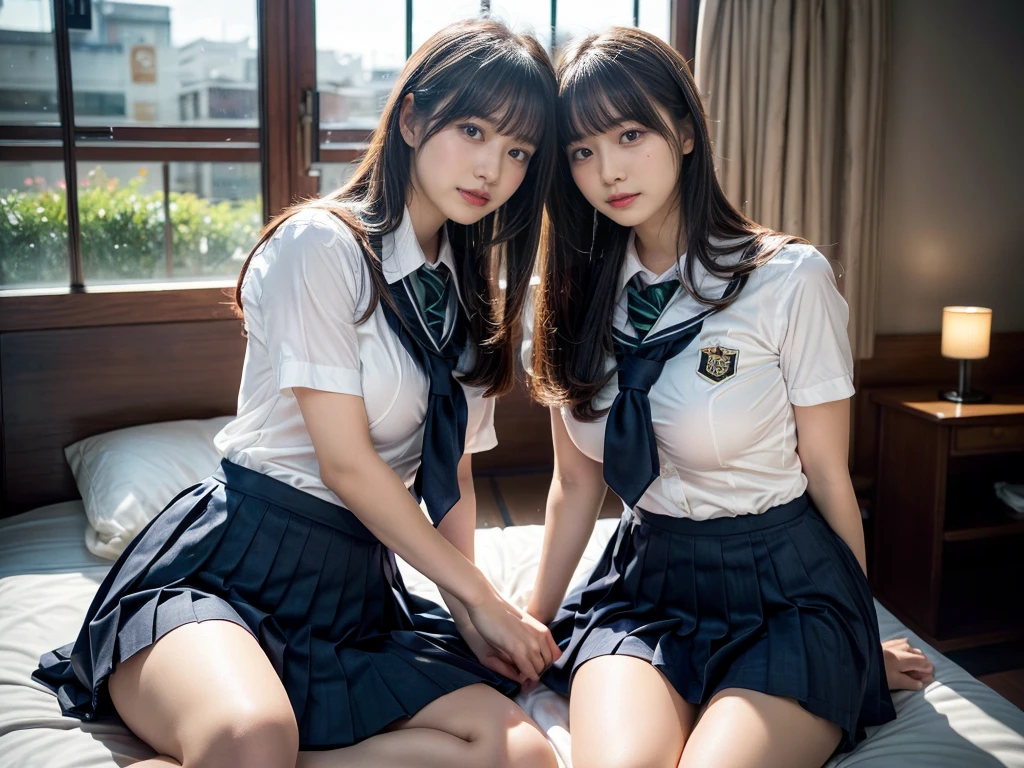 (RAW photo, 4k, masterpiece, high resolution, extremely complex) (realistic: 1.4), cinematic lighting
 ((2 girls, 2 schoolgirls)),Slam Dunk's,blushing,((innocent)),(Dark makeup),bright eyes,round eyes,blunt bangs,(straight hair:1.3),black hair,large breasts,wide hips,Summer Noon, 20 year old girl、cute type、ta,Hot, (Best Quality), (Highres), (an Extremely Delicate and Beautiful),(Beautiful 8k face),(Brown eyes),short bob hair,( spectators),(gigantic breasts),(Play with each other,Touching each other's bodies,Touching the body),(Japanese high school uniform:1.3),blue skirt,(reality),bright lighting,(The background is a luxury hotel room)