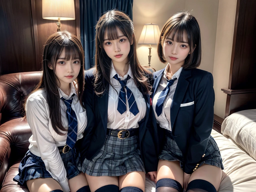 (8K, Raw photography, top-quality, ​masterpiece:1.2), master piece, best quality, illustration, Super detailed, fine details, High resolution, 8K,wall paper, perfect dynamic composition,(Details High quality, realistic depiction of eyes:1.3), ((2 girls, 2 schoolgirls)), The background is a luxury hotel room、High school girl uniform、blazer 、Super Short Check Uniform Skirt、Navy blue high socks、garterbelts、Colossal tits、Disturbed uniform, Play with each other,Touching each other's bodies,Touching the body of the girl next door, short bob hair, black hair color, huge breasts, Big Natural Color Lip, bold sexy pose, (perfect body shape), crying a little、cold gaze,  Beautiful makeup,glitter makeup,Cutest 18 years old, beautiful legs, hposing Gravure Idol, Voluptuous thighs