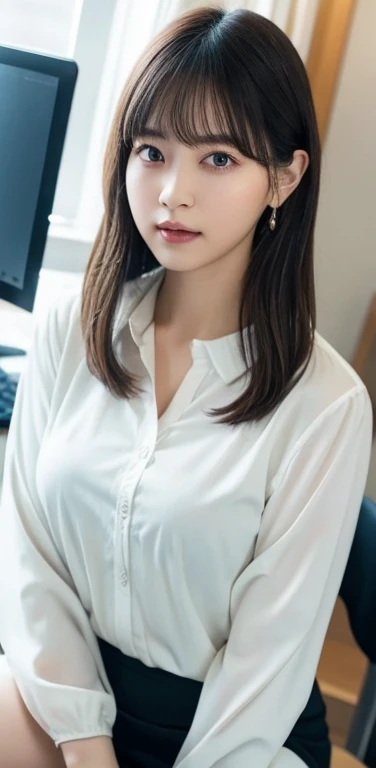 masterpiece, highest quality, 8k, 20th generation, Big Breasts, cute, alone, sad, cute, Girlish,cute 繊細な女の子, cute、Pure beauty, RAW Photos, Professional photography, Portraiture, Soft Light, Professional Lighting, Backlight, Upper Body, avert your eyes, Sophisticated, Film Grain, (Eye and facial details:1.0), Round face、Floating Hair, beautiful, Flowing hair, Asymmetrical bangs、(Big Breasts:1.0)、loose white blouse、Navy blue cardigan、You can see a little bit of her chest、Micro Mini Skirt、Exposed thighs、Voluptuous thighs、dolly make、Heterochromia iridis、Office at night、In front of the computer、sitting in an office chair、