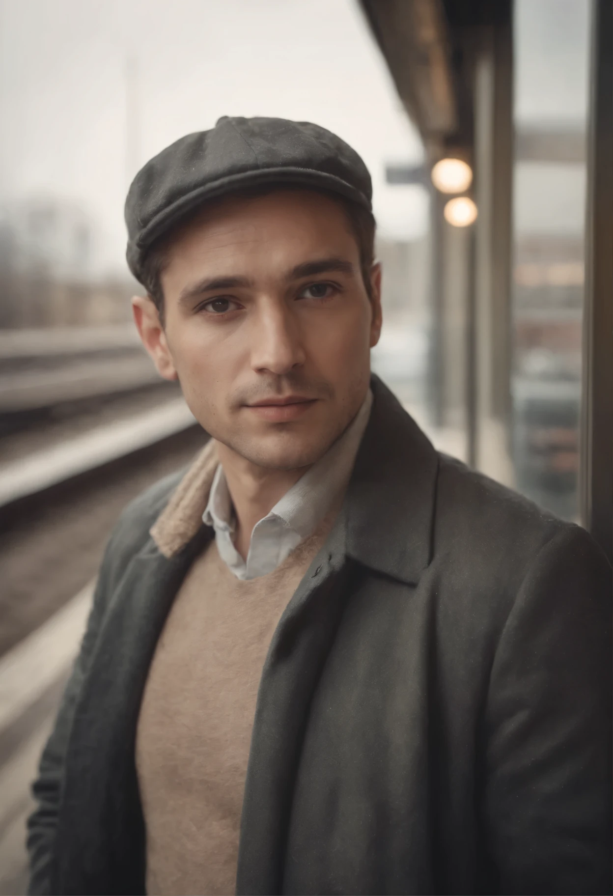 Polaroid style photograph of a man at a station waiting