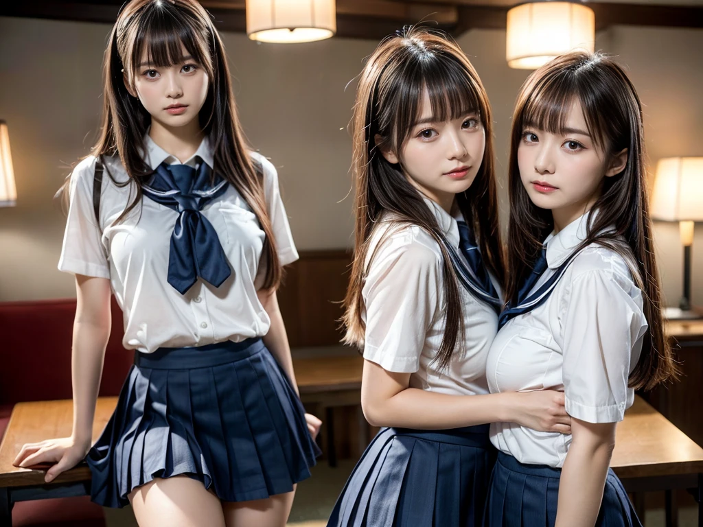 (RAW photo, 4k, masterpiece, high resolution, extremely complex) (realistic: 1.4), cinematic lighting
((2 girls, 2 schoolgirls)),Slam Dunk's,blushing,((innocent)),(Dark makeup),bright eyes,round eyes,blunt bangs,(straight hair:1.3),black hair,large breasts,wide hips,Summer Noon, 20 year old girl、cute type、ta,Hot, (Best Quality), (Highres), (an Extremely Delicate and Beautiful),(Beautiful 8k face),(Brown eyes),short bob hair,( spectators),(gigantic breasts),(Play with each other,Touching each other's bodies,Touching the body),(Japanese high school uniform:1.3),blue skirt,(reality),bright lighting,(The background is a luxury hotel room)