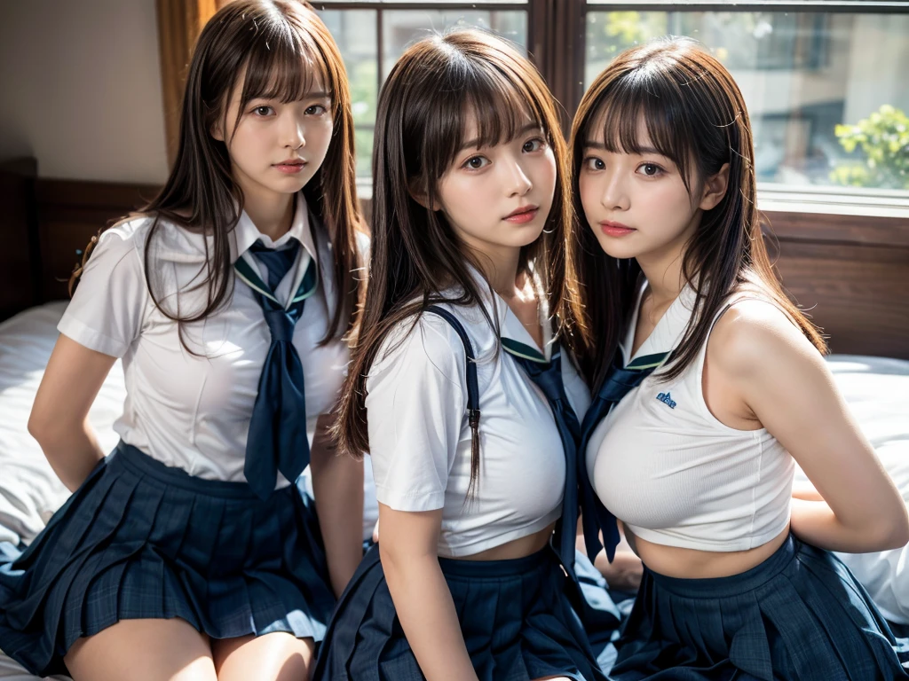 (RAW photo, 4k, masterpiece, high resolution, extremely complex) (realistic: 1.4), cinematic lighting
 ((2 girls, 2 schoolgirls)),Slam Dunk's,blushing,((innocent)),bright eyes,round eyes,blunt bangs,short bob hair, black hair color,black hair,large breasts,wide hips,Summer Noon, ,Hot, (Best Quality), (Highres), (an Extremely Delicate and Beautiful),(Beautiful 8k face),(Brown eyes),( spectators),(gigantic breasts),(Play with each other,Touching each other's bodies,Touching the body),(Japanese high school uniform:1.3),blue skirt,(reality),bright lighting,(The background is a luxury hotel room)