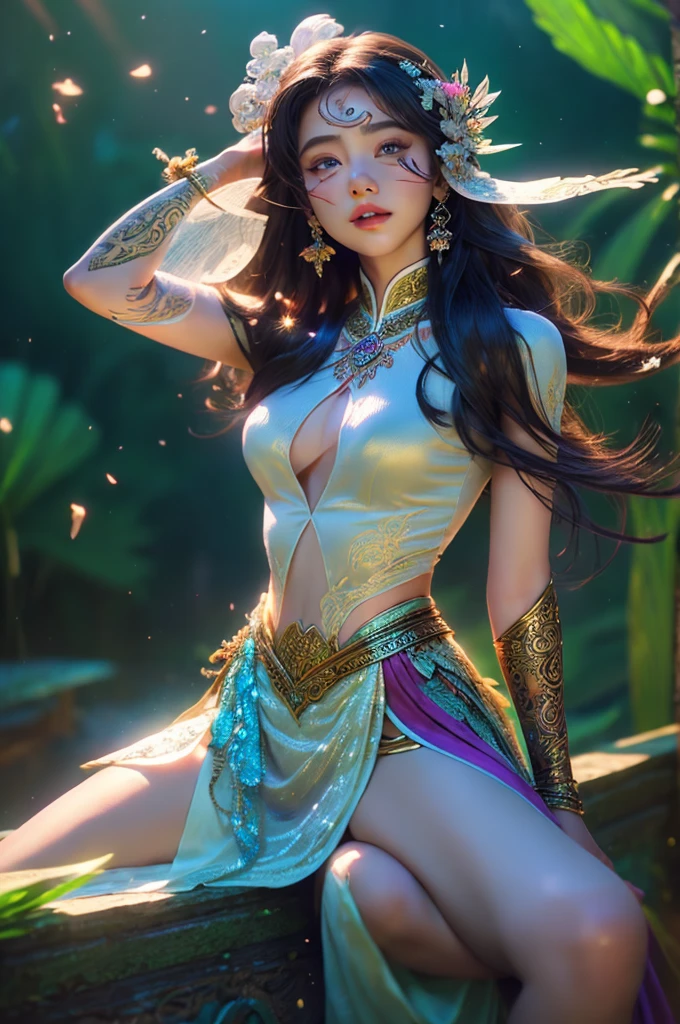 (((masterpiece))), (((highest quality))), ((Super detailed)),(Highly detailed CG illustrations), ((Very delicate and beautiful)),squat、Cinematic Light, Create amazing fantasy art，Fairy Fantasy，Hoan Lap，myth，One girl，Hmong girl in Hmong costume， Hmong,clothing、headgear、耳Nipple Ring，8k wallpaper，solidarity，Art Station，High resolution CG