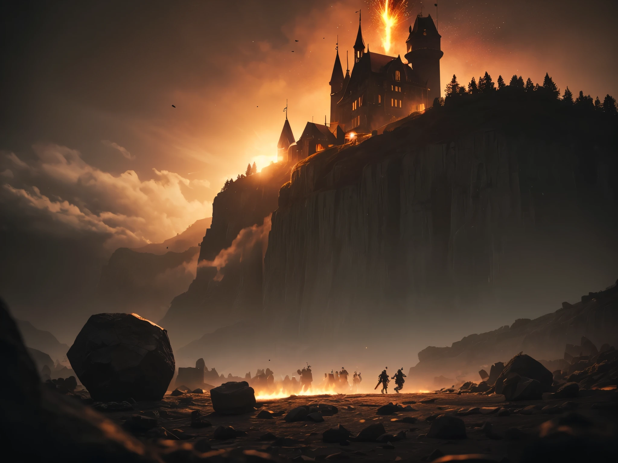 cinematic film still ral-dissolve Amidst the towering cliffs, the Cyclops stomped with earth-shaking force, its single eye glaring fiercely at its adversaries. With a boulder the size of a castle turret in its grasp, it hurled the massive rock with deadly accuracy, crushing anything foolish enough to stand in its way., in A deserted carnival at night, with faded lights and a sense of eerie silence, sharp contrast, Silhouette Shot, 50mm, f/2.8 Explosion Artstyle, shallow depth of field, vignette, highly detailed, high budget Hollywood film, bokeh, cinemascope, moody, epic, gorgeous, film grain