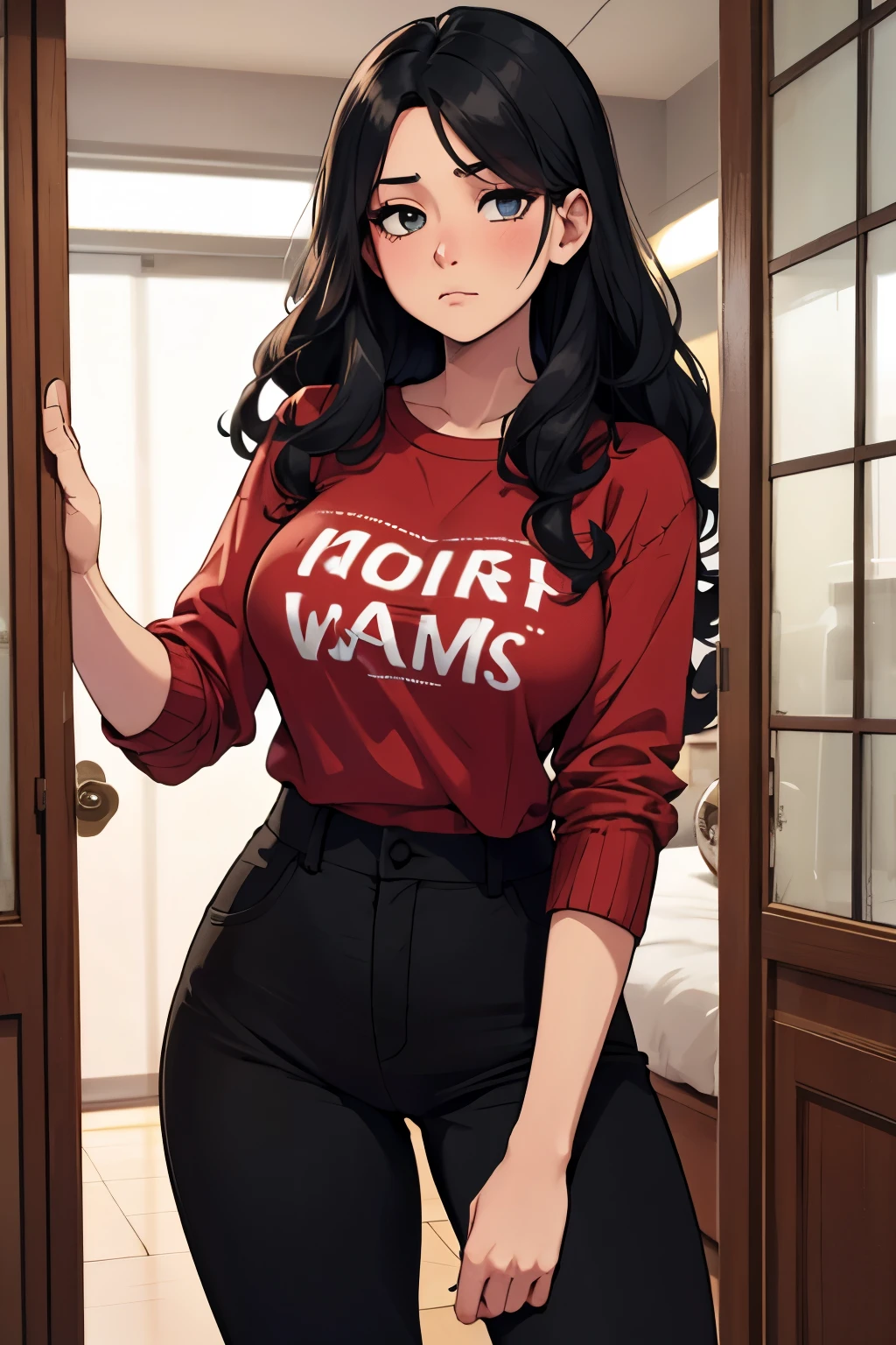 Young adult woman, gorgeous face, long black curly hair, wearing a red shirt and sweater with black long pants, she is just getting home, exhausted,