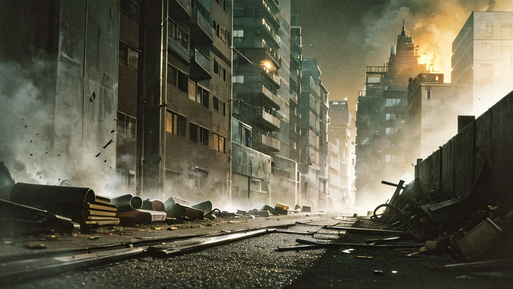 A narrow dirty street between crumbling old buildings, yellow streetlights, swirling smoke, discarded newspapers on the ground, one man accusingly pointing at another and laughing, moody urban scene, cinematic lighting, gritty realism, dramatic shadows, photorealistic, hyper detailed, 8K, masterpiece