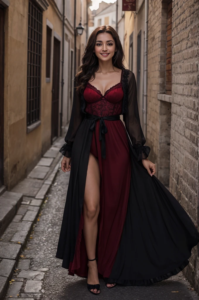 Jeune femme de 25 ans, visage fin, cheveux long, yeux marrons, HD, 8K, masterpiece, sourire romantique, sexy, tenue de flamenco, mascara noir, robe rouge et noire, jupons, robe en tissu et en dentelle, tissu rouge et noir, dans uen ruelle espagnole, de nuit, string rouge