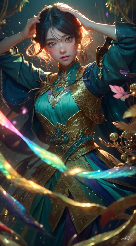 (((masterpiece))), (((highest quality))), ((Super detailed)),(Highly detailed CG illustrations), ((Very delicate and beautiful)),Cinematic Light, 現在流行しているGenreの巨匠のスタイルを模倣した、Create stunning fantasy artwork。. In the works of art、It should contain elements of both mythical and fairytale fantasy with dreamy rainbow accents。. ((Use the rainbow as your main color.)) The characters in this work are、神秘とGives off an aura of magic繊細でありながら力強い人物であり、 (美しいTranslucent rainbowの羽). Pay close attention to complex facial features, Create captivating eyes with vibrant colors and bold shadows. Character clothing should be designed with thin feathers, silk, Beautiful embroidery, Subtle iridescent details. insert (((Translucent rainbow))), Dreamy colors, Dynamic Lighting, Detailed background elements that create awe and immersion. Gives off an aura of magic、Colorful magical birds and jewel-like rainbow butterflies々Draw. Considering the latest trends in fantasy art, Unique lighting effects, Exploring dynamic and engaging compositional techniques, Try out unique color palettes. Get inspired by top artists from ArtStation and Midjourney. camera: Highlight the beauty of the characters、Choose an angle that enhances the magical majesty of your artwork。. Lighting: Utilize atmospheric lighting techniques to create depth and atmosphere. solve: Aim for high-resolution artwork for exquisite detail and clarity. Art inspiration: Get inspired by popular artists with ArtStation, Explore different styles, Genre, theme.