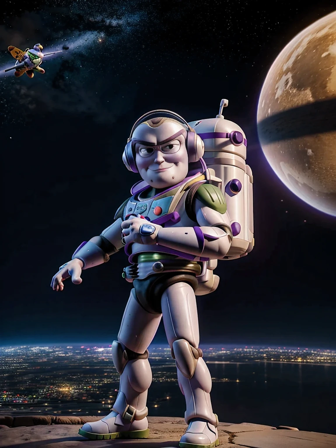 Buzz Lightyear ,cartoon heroes,with a blaster in a spacesuit against the backdrop of a cartoon city,8k rendering (Buzz Lightyear)