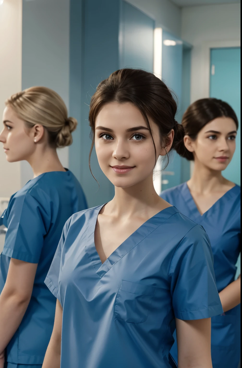 Ultra realistic, Cinematic, team of 3 surgical nurses, 3 german teeanger girls, all girls standing, working in surgery, 19 years old,  body, pale skin, beautiful face, big smile, detailed face, ultra soft and ultra light slight small blue women hospital scrubs, dark royal-blue, ocean blue hospital scrubs, wide angle showing full body,  hospital ward, people, bokeh,short hair tied up, hair bun, hair tied as chignons