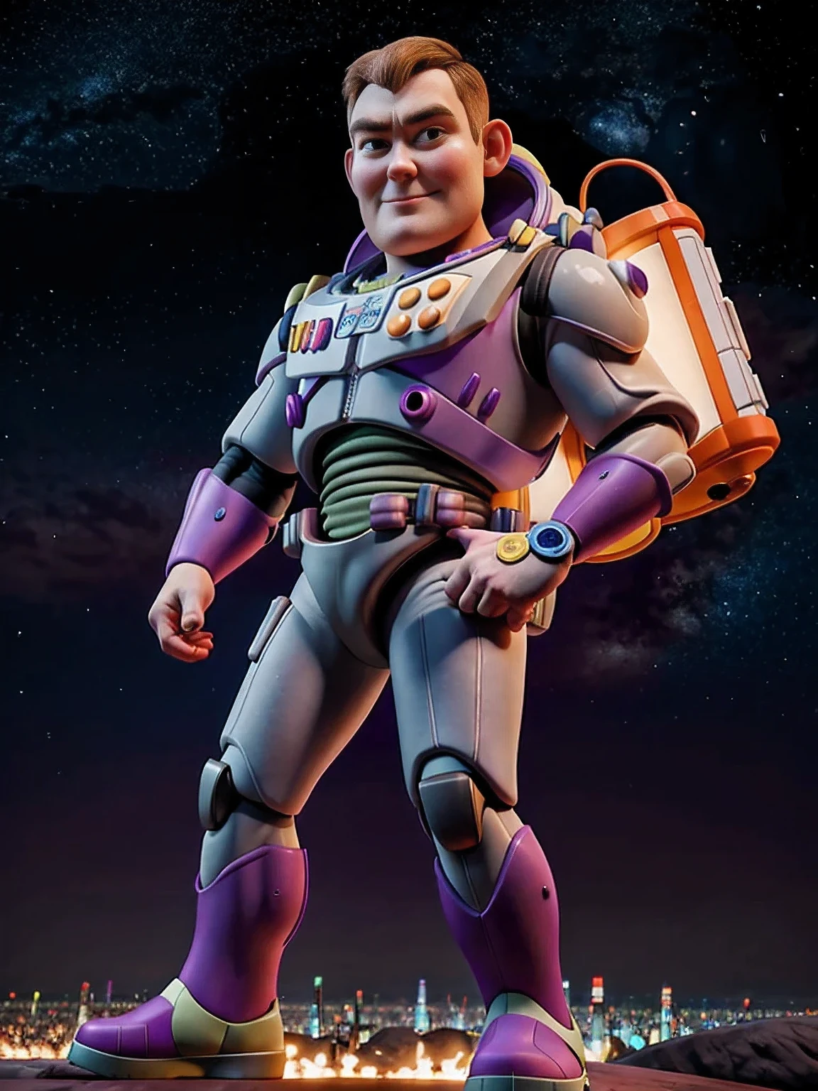 Buzz Lightyear ,cartoon heroes,with a blaster in a spacesuit against the backdrop of a cartoon city,8k rendering (Buzz Lightyear)