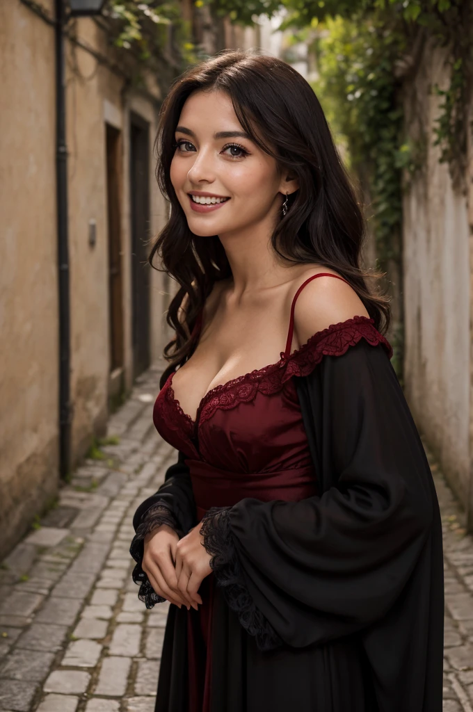 photo of a black-haired woman, outside, daytime, waist up, 20s, pixie cut, messy hair, fully clothed, red robe, silk robe, embroidery on sleeves, mystic symbols embroidery, cute face, detailed eyes, green eyes, bright eyes, well-lit face, distant city, medieval city, fantasy rpg, city spires, brass spires, daylight