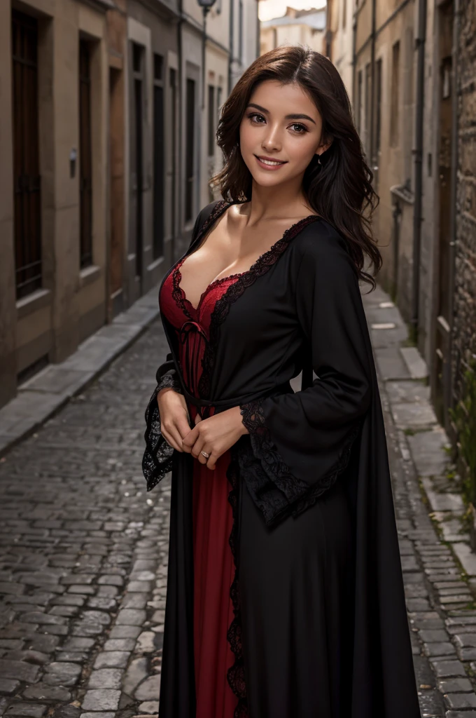 Jeune femme de 25 ans, visage fin, cheveux long, yeux marrons, HD, 8K, masterpiece, sourire romantique, sexy, tenue de flamenco, mascara ????, robe rouge et noire, jupons, robe en tissu et en dentelle, tissu rouge et noir, dans uen ruelle espagnole, de nuit, string rouge