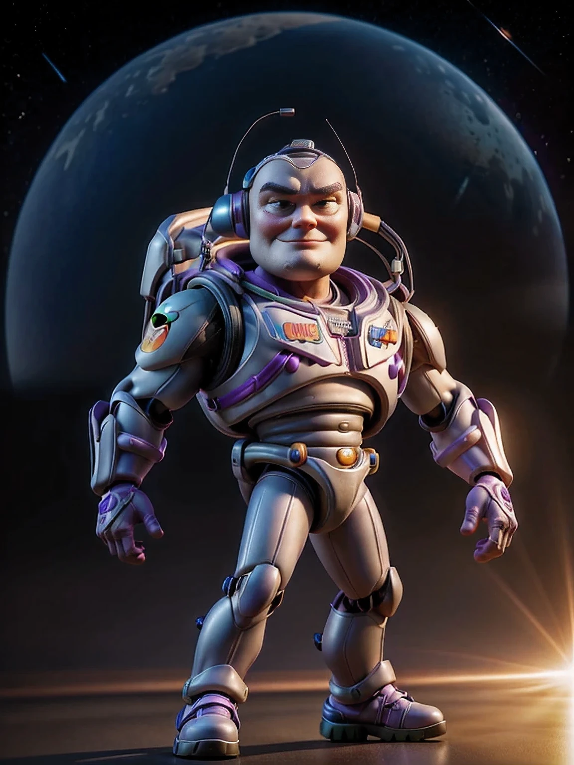 Buzz Lightyear character, super detailed,cartoon style, 3D rendering, very realistic, Photorealistic, studio lighting, sharp focus, Physically based rendering, Extremely detailed description, professional, bright colors, dynamic pose, heroic, futuristic, Cosmic theme, metal materials,, cinematic angle, complex parts, 8k render,HDR