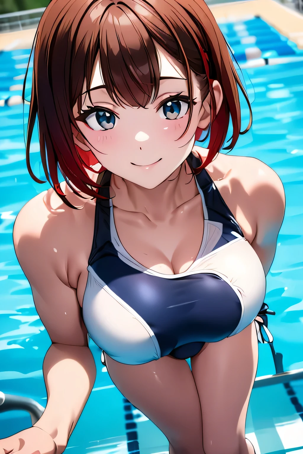 (((Competition diving board:1.3))),(((Sports towel))), (((Competition Pool 1.3))),((Competition Swimwear:1.7)),(((White one piece swimsuit))),Expressing happiness with a smile,Cute Face,Extreme close up of face,Shiny light brown and orange striped short hair,Perfect round face,iris,(hairpin、Floating Hair、),Big Breasts.Professional Lighting,Cinematic Light,(Tabletop,highest quality,Ultra-high resolution output images,) ,(8K quality),(Picture Mode Ultra HD),