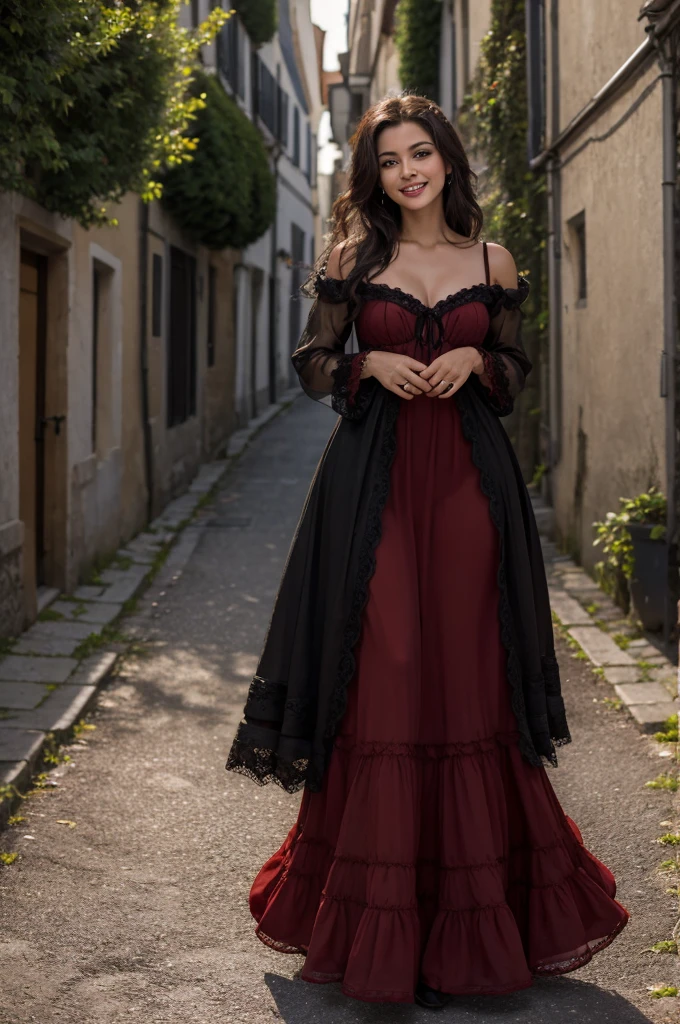 Jeune femme de 25 ans, visage fin, cheveux long, yeux marrons, HD, 8K, masterpiece, sourire romantique, sexy, tenue de flamenco, mascara noir, robe rouge et noire, jupons, robe en tissu et en dentelle, tissu rouge et noir, dans uen ruelle espagnole, de nuit, string rouge