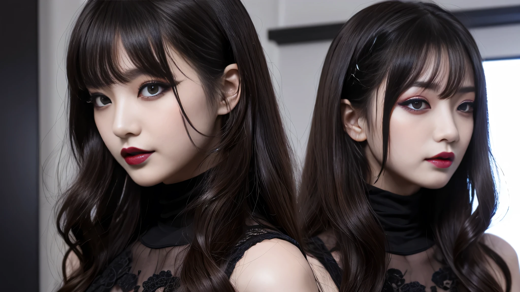 best quality、ultra-detailed、4k、Japanese、Seductive beauty、seductive adult woman、Pretty Woman、cool girl、Villainess、Brainwashed、brainwash、Fallen into evil、smirk、Evil look、Wicked Smile、evil、Brown hair、wavy hair、swept bangs、dark makeup、dark makeup、piercing eyes、hollow eyes,half-closed eyes、Hollow Eyes、purple Eyeshadow、black lipstick、black lipglos、night、inside darkroom、Are standing、shoot from below、bodystocking、bodypanthhose、Spider&#39;s full body tights、Have lipstick、spider、Emblem of Evil、Crest of Darkness、Swear allegiance、I have pledged my allegiance、Dye black、Blackening、Stained with evil、Dyed in darkness、Seduce