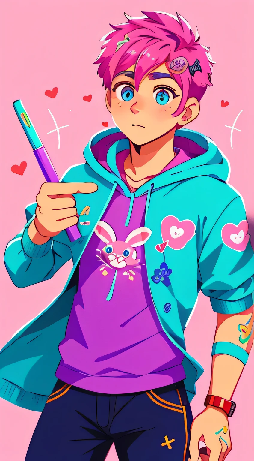 Portraits,{heart effects},{Vivid Color},Pink background, multiple monochromatic colors,Wind,looking at viewer,pretty,{{Pink hospital room}}, {bandages},{pop syringe},short hair,Vivid Color,Beautiful, detailed eyes, jewel-like eyes, colorful eyes, sparkling eyes,{{{Youth}}},Good looking guy,{{{boy}}},{Top quality},{{Colorful mass pills}},{{{colorful mass capsule pills}}},moe sleeves,hoodie,hairpin,rabbit,pink effect,purple cross,pink heart,stuffed cat,pink hair,top quality,CG,High Resolution,Illustration,Beautiful detailed eyes,looking at viewer,finely drawn, {Art Book}, {{Vivid Color}},Long lashes, lots of lashes,{{Face close-up}},leaning to the side,{{{Male}}},mysterious,night,{young men},{{adult men}},{{{sanpaku eyes}}}, {{{scornful eyes}}},{{{He's handsome}}}, {{Beautiful young man}},{{{{Good looking guy}}}}, Colorful, Beautiful, detailed eyes, jewel-like eyes,colorful eyes, sparkling eyes,{{{{{boy}}}}},Wind,{1boy},{1 person} hyper jock