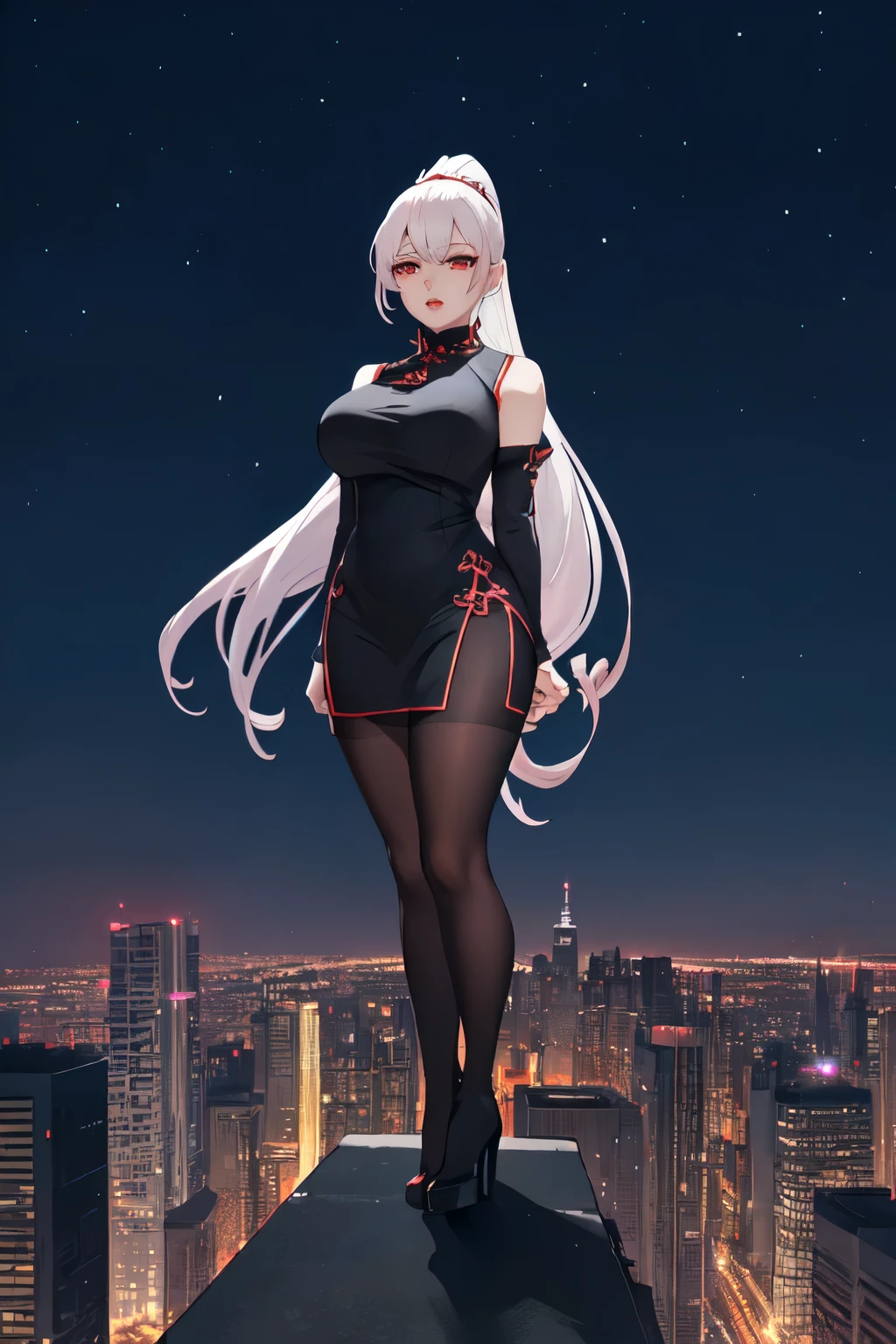 anime, (artwork, best quality, ultra-detailed, high contrast), 1 woman (Alone, full body, plus size body, standing on the edge of the skyscraper, silver hair, LONG In a ponytail, red eyes (detailed eyes), passionate expression, red lips (perfect lips), ruby sparkles, (simple black qipao), high heel boots black cybernetics with neon pink), transparent black socks), (skyscraper roof, overlooking a city, detailed background ((night time, Darkness, low light pollution))) face in close