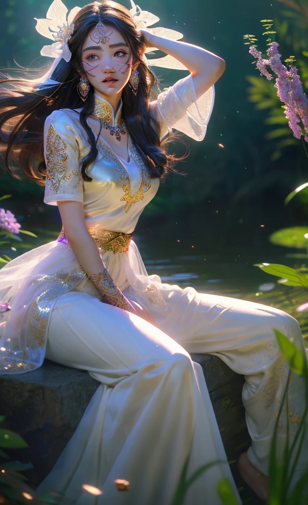 (((masterpiece))), (((highest quality))), ((Super detailed)),(Highly detailed CG illustrations), ((Very delicate and beautiful)),sit、Cinematic Light, Create amazing fantasy art，Fairy Fantasy，Hoan Lap，myth，One girl，Hmong girl in Hmong costume， Hmong,clothing、headgear、耳Nipple Ring，8k wallpaper，solidarity，Art Station，High resolution CG