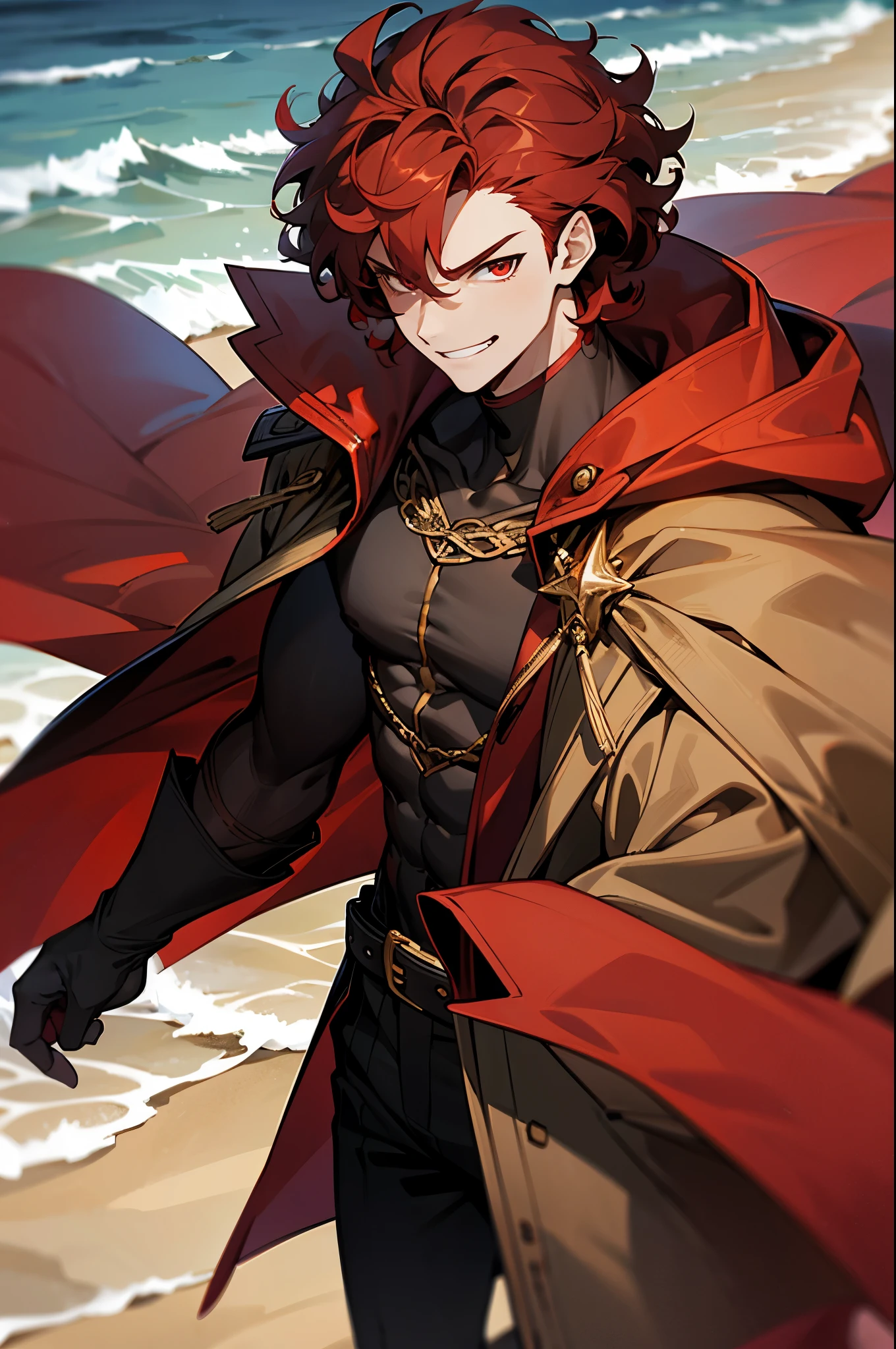 1male, Young Adult, Dark Red Hair, Red Eyes, Muscular, Curly Hair, Red and Gold Coat, Walking On Beach, Black Gloves, Smirk