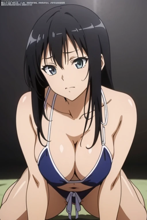 (masutepiece, Best Quality, High resolution, anime colours, megami magazine:1.2, anime poster style, anime keyvisual, sharp, 8k, photorealistic), (beautiful eyes:1.5, beautiful face), Kotegawa Yui, 1girl, solo, Cute, (Long Black Hair), (sagging huge breasts:1.5), (loose bikini, no bra), (cleavage:1.5), (all fours, kneeling), (Perfect detailed Anatomy, beautiful detailed hair, perfect detailed body:1.2, shiny skin), (thick outline, Beautiful outlines, black outlines), simple background,