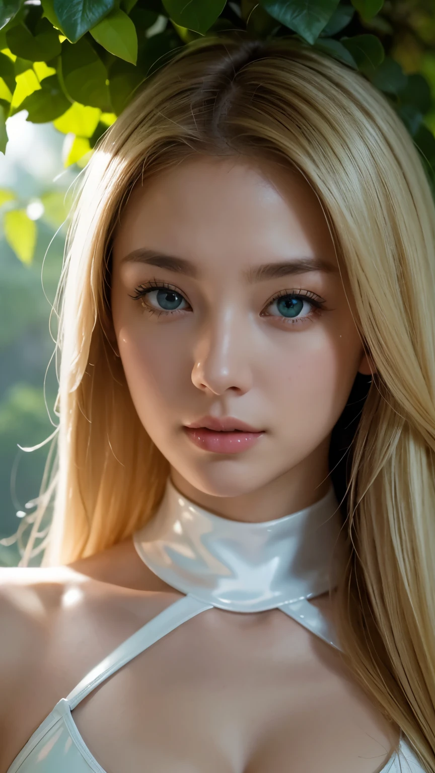 Strong light, Strong contrast, In an open-roofed cave、Sunlight shines through green moss and ferns。, And open( Ocean View:1.1) end, Cel-shaded rendering, 4K, 360 degrees, Equirectangular projection, what, One Girl, 30-year-old woman、Beautiful woman、Long Blonde Hair、White Latex Leotard、White long boots、White arm cover、masterpiece, 最high quality, high quality, High resolution, (((Face close-up)))、Large Breasts、Cleavage