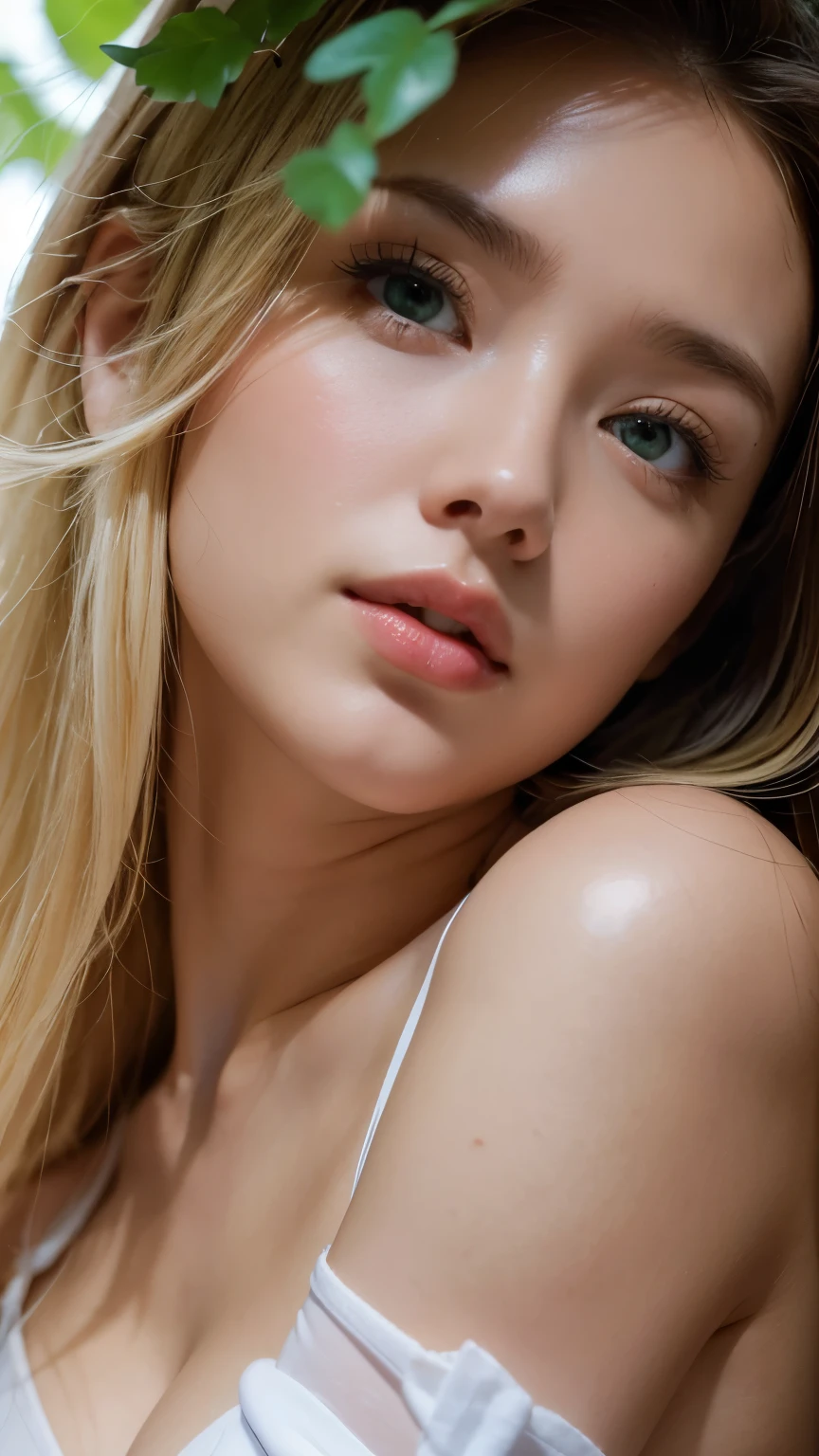 Strong light, Strong contrast, In an open-roofed cave、Sunlight shines through green moss and ferns。, And open( Ocean View:1.1) end, Cel-shaded rendering, 4K, 360 degrees, Equirectangular projection, what, One Girl, 30-year-old woman、Beautiful woman、Long Blonde Hair、White Latex Leotard、White long boots、White arm cover、masterpiece, 最high quality, high quality, High resolution, (((Face close-up)))、Large Breasts、Cleavage