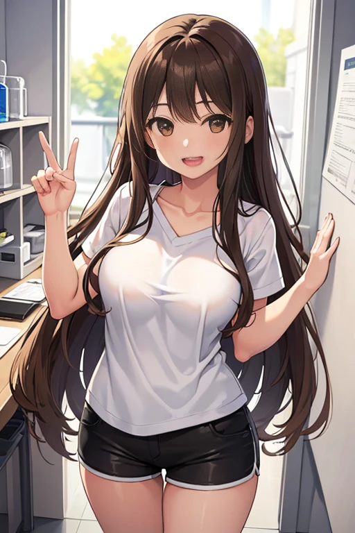 best quality, finely detailed, beautiful, HD, A 23 year old girl, long wavy light brown hair, Brown eyes, happy and smiling with open mouth, looking at her breasts, white shirt short-sleeved, black shorts, medium breasts, standing dizzy, inside a scientific laboratory with white walls and white floor