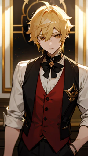 Aether from Genshin Impact. Blonde hair, Golden Eyes. short hair. Black and red vest. Luxurious hall.