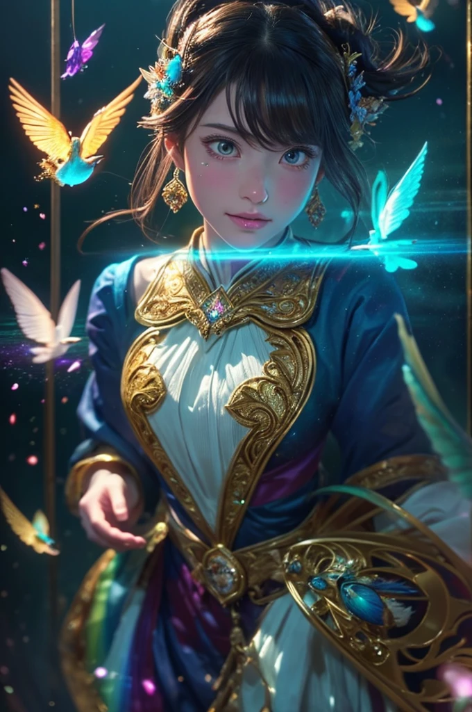 (((masterpiece))), (((highest quality))), ((Super detailed)),(Highly detailed CG illustrations), ((Very delicate and beautiful)),From above、Cinematic Light, 現在流行しているGenreの巨匠のスタイルを模倣した、Create stunning fantasy artwork。. In the works of art、It should contain elements of both mythical and fairytale fantasy with dreamy rainbow accents。. ((Use the rainbow as your main color.)) The characters in this work are、神秘とGives off an aura of magic繊細でありながら力強い人物であり、 (美しいTranslucent rainbowの羽). Pay close attention to complex facial features, Create captivating eyes with vibrant colors and bold shadows. Character clothing should be designed with thin feathers, silk, Beautiful embroidery, Subtle iridescent details. insert (((Translucent rainbow))), Dreamy colors, Dynamic Lighting, Detailed background elements that create awe and immersion. Gives off an aura of magic、Colorful magical birds and jewel-like rainbow butterflies々Draw. Considering the latest trends in fantasy art, Unique lighting effects, Exploring dynamic and engaging compositional techniques, Try out unique color palettes. Get inspired by top artists from ArtStation and Midjourney. camera: Highlight the beauty of the characters、Choose an angle that enhances the magical majesty of your artwork。. Lighting: Utilize atmospheric lighting techniques to create depth and atmosphere. solve: Aim for high-resolution artwork for exquisite detail and clarity. Art inspiration: Get inspired by popular artists with ArtStation, Explore different styles, Genre, theme.