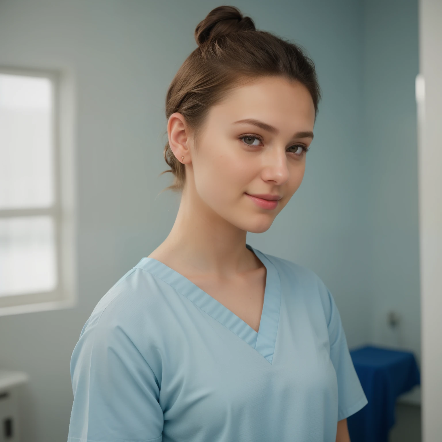 A Realistic Portrait, of a ager girl, 18 years old (Hayden Pannetiere)), as surgical nurse, wearing ultra soft and ultra light slight small blue women hospital scrubs, dark royal-blue, ocean blue hospital scrubs,s, standing in medical change room, schier, Vollansicht, Seitenschuss, Full body shot, , Full body closeup, Beautiful, detailed face, detailed eyes, (realistic skin:1.3), (pale skin:1.1), (textured skin:1.3), (()), big smile, (iphone photograph), , (artificial lighting:1.3), looking at the camera, perfect slim body, amateur Photography, Photorealistic, Detailed, analog, poor quality, grainy, , frontal wideangle, showing full body, direct front perspective, ,short hair tied up, hair bun, hair tied as chignon short hair tied up, hair bun, hair tied as chignon