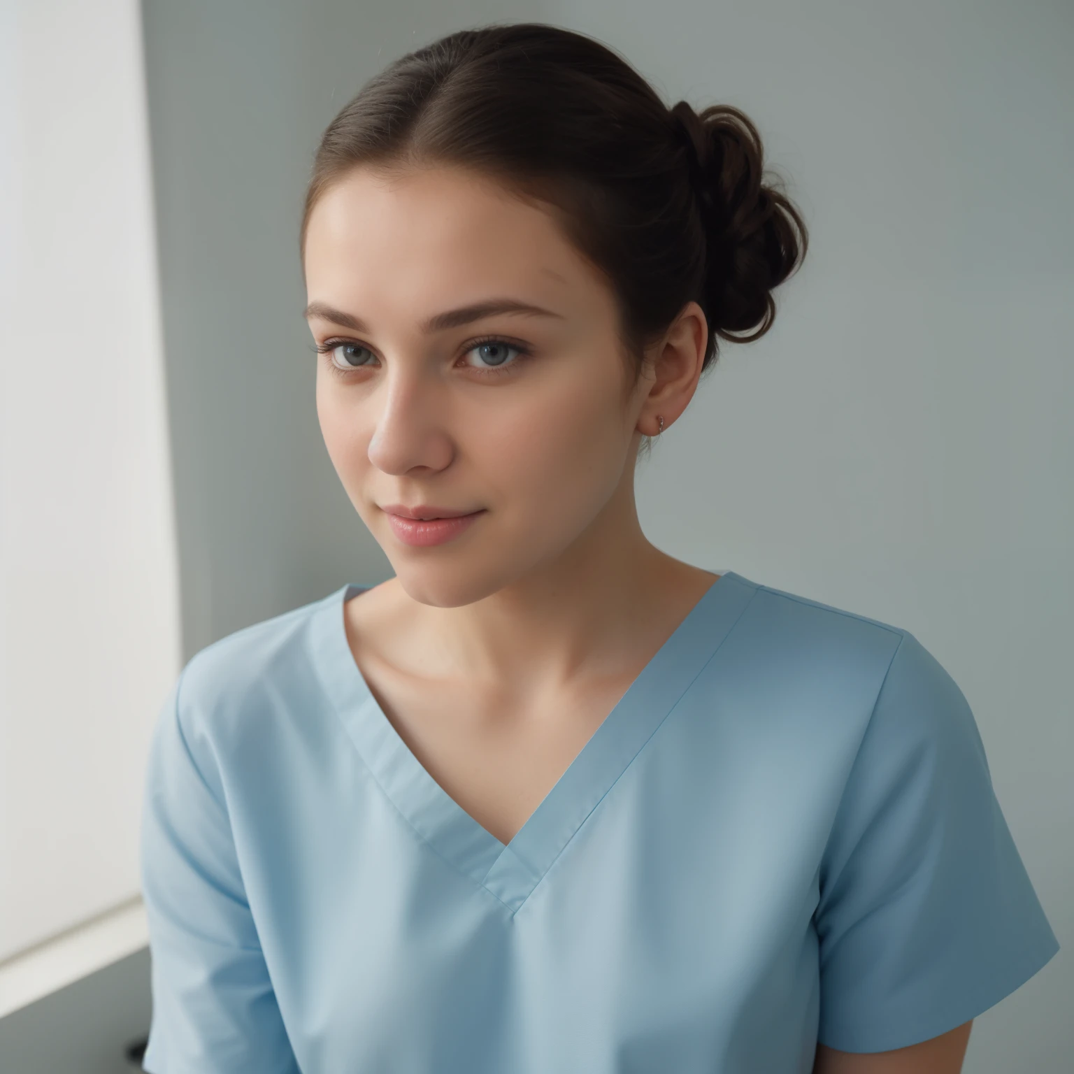 A Realistic Portrait, of a ager girl, 18 years old (Hayden Pannetiere)), as surgical nurse, wearing ultra soft and ultra light slight small blue women hospital scrubs, dark royal-blue, ocean blue hospital scrubs,s, standing in medical change room, schier, Vollansicht, Seitenschuss, Full body shot, , Full body closeup, Beautiful, detailed face, detailed eyes, (realistic skin:1.3), (pale skin:1.1), (textured skin:1.3), (()), big smile, (iphone photograph), , (artificial lighting:1.3), looking at the camera, perfect slim body, amateur Photography, Photorealistic, Detailed, analog, poor quality, grainy, , frontal wideangle, showing full body, direct front perspective, ,short hair tied up, hair bun, hair tied as chignon short hair tied up, hair bun, hair tied as chignon