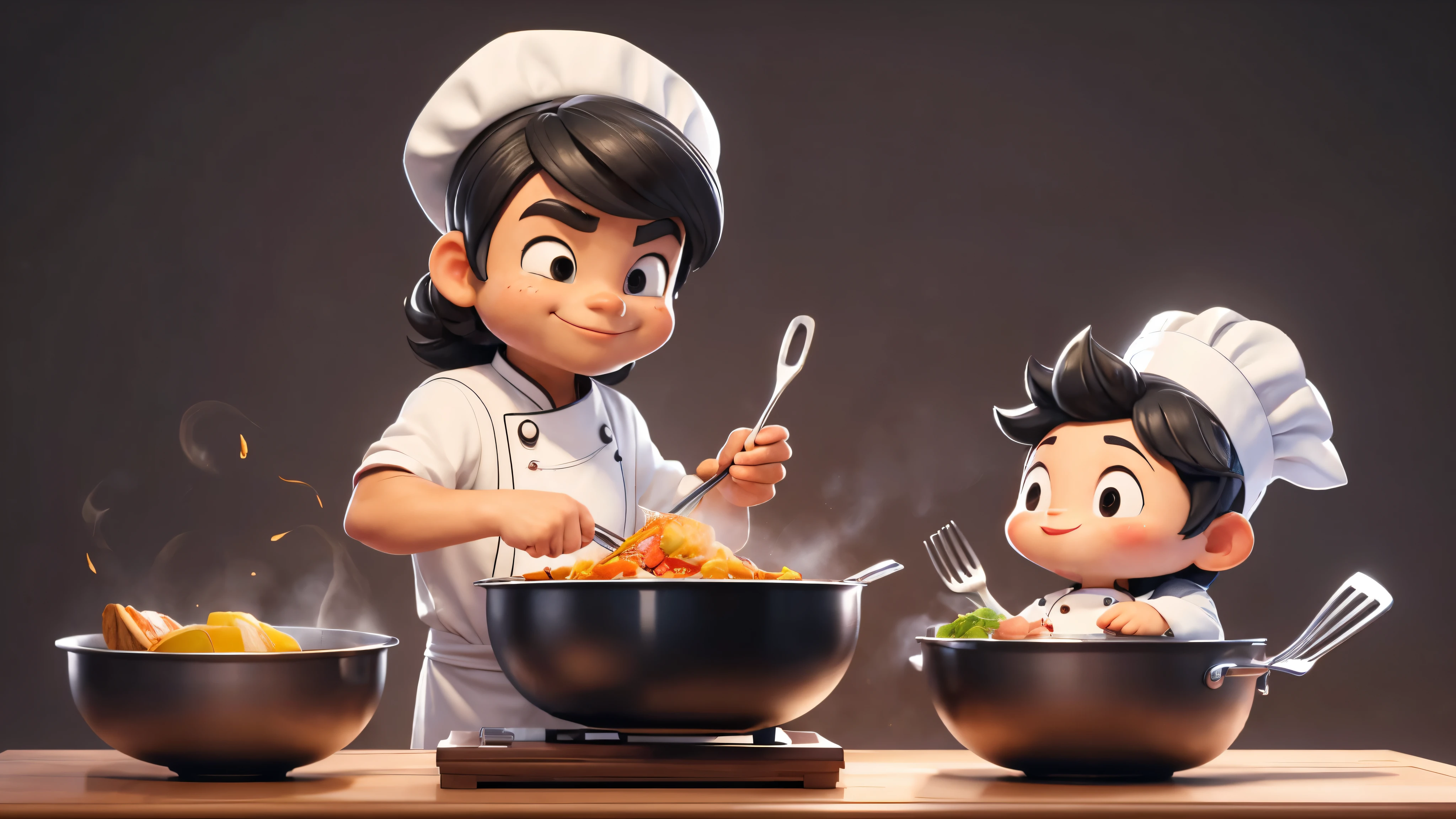 (mejor calidad, 3D animation :1.2), obra maestra, Handsome Chef Cocinando, Guapo chef chino,cocinero sonriente, pelo negro, fondo limpio, solid color background,estilo realista, realistic 3D animation, Cocinando, cacerola, cocina,  Ingredientes exquisitos, Encimeras de acero inoxidable, delicioso aroma, Skilled Cocinando Technique, Delicioso condimento, colores vibrantes, movimientos precisos, Presentation features,, A focused and determined expression., disfruta el proceso, Materias primas de alta calidad, Platos elaborados, Rica textura y detalle, dynamic lighting, tono, Wonderful Cocinandoobra maestra.