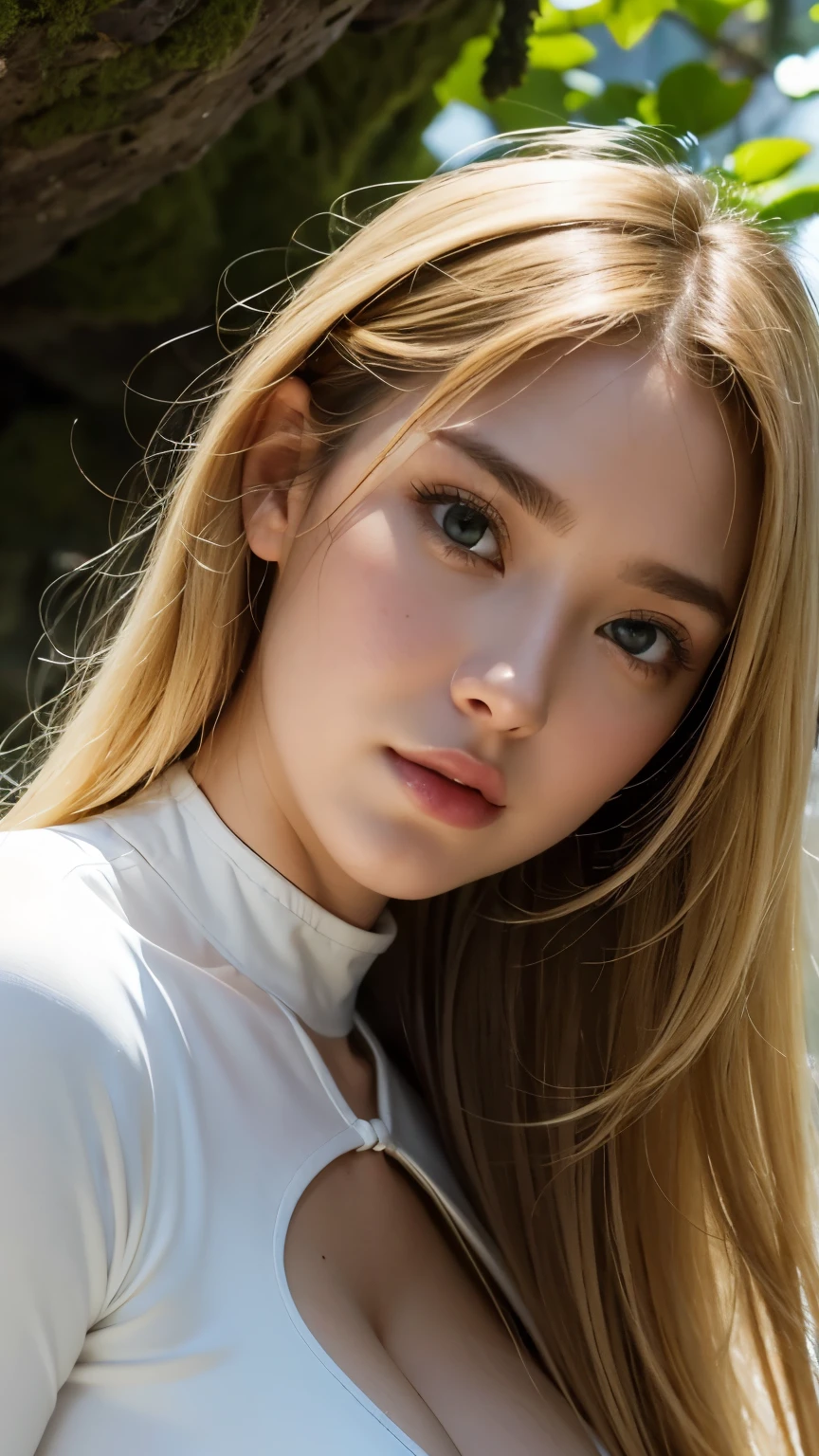 Strong light, Strong contrast, In an open-roofed cave、Sunlight shines through green moss and ferns。, And open( Ocean View:1.1) end, Cel-shaded rendering, 4K, 360 degrees, Equirectangular projection, what, One Girl, 30-year-old woman、Beautiful woman、Long Blonde Hair、White Latex Leotard、White long boots、White arm cover、masterpiece, 最high quality, high quality, High resolution, (((Face close-up)))、Large Breasts、Cleavage、Sexy look