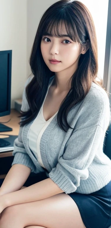 masterpiece, highest quality, 8k, 20th generation, Big Breasts, cute, alone, sad, cute, Girlish,cute 繊細な女の子, cute、Pure beauty,  RAW Photos, Professional photography, Portraiture, Soft Light, Professional Lighting, Backlight, Upper Body, avert your eyes, Sophisticated, Film Grain, (Eye and facial details:1.0), Round face、Floating Hair, beautiful, Flowing hair, Asymmetrical bangs、(Big Breasts:1.0)、loose white blouse、Navy blue cardigan、You can see a little bit of her chest、Micro Mini Skirt、Exposed thighs、Voluptuous thighs、dolly make、Heterochromia iridis、Office at night、In front of the computer、sitting in an office chair、