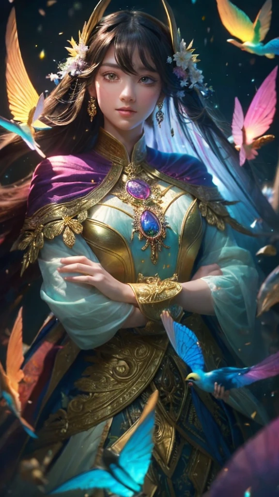 (((masterpiece))), (((highest quality))), ((Super detailed)),(Highly detailed CG illustrations), ((Very delicate and beautiful)),Cinematic Light, 現在流行しているGenreの巨匠のスタイルを模倣した、Create stunning fantasy artwork。. In the works of art、It should contain elements of both mythical and fairytale fantasy with dreamy rainbow accents。. ((Use the rainbow as your main color.)) The characters in this work are、神秘とGives off an aura of magic繊細でありながら力強い人物であり、 (美しいTranslucent rainbowの羽). Pay close attention to complex facial features, Create captivating eyes with vibrant colors and bold shadows. Character clothing should be designed with thin feathers, silk, Beautiful embroidery, Subtle iridescent details. insert (((Translucent rainbow))), Dreamy colors, Dynamic Lighting, Detailed background elements that create awe and immersion. Gives off an aura of magic、Colorful magical birds and jewel-like rainbow butterflies々Draw. Considering the latest trends in fantasy art, Unique lighting effects, Exploring dynamic and engaging compositional techniques, Try out unique color palettes. Get inspired by top artists from ArtStation and Midjourney. camera: Highlight the beauty of the characters、Choose an angle that enhances the magical majesty of your artwork。. Lighting: Utilize atmospheric lighting techniques to create depth and atmosphere. solve: Aim for high-resolution artwork for exquisite detail and clarity. Art inspiration: Get inspired by popular artists with ArtStation, Explore different styles, Genre, theme.