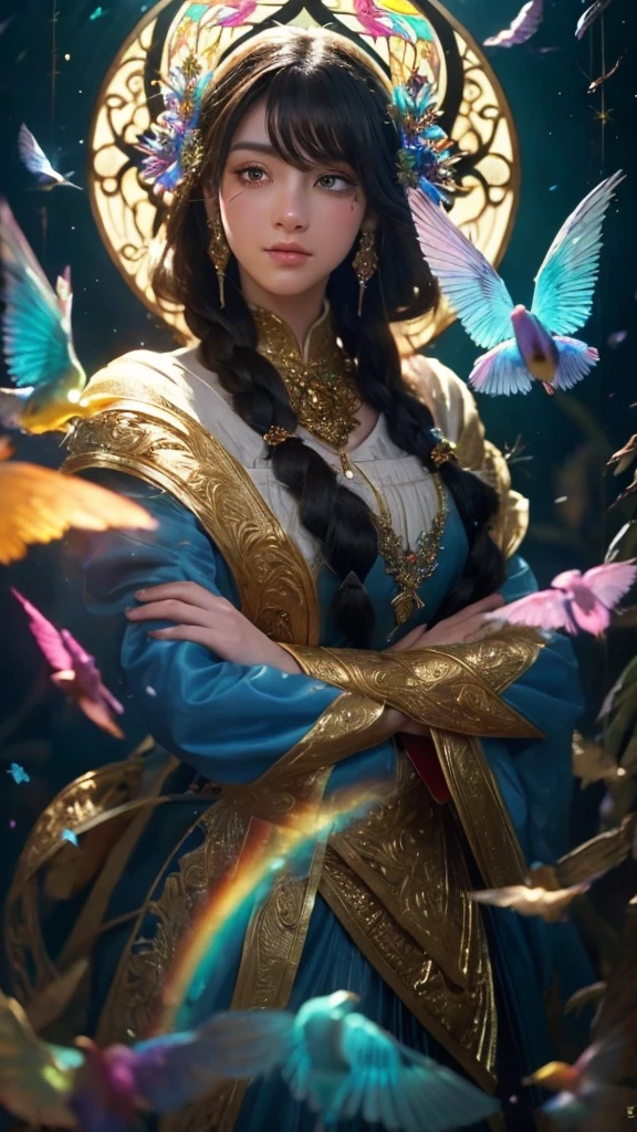 (((masterpiece))), (((highest quality))), ((Super detailed)),(Highly detailed CG illustrations), ((Very delicate and beautiful)),Cinematic Light, 現在流行しているGenreの巨匠のスタイルを模倣した、Create stunning fantasy artwork。. In the works of art、It should contain elements of both mythical and fairytale fantasy with dreamy rainbow accents。. ((Use the rainbow as your main color.)) The characters in this work are、神秘とGives off an aura of magic繊細でありながら力強い人物であり、 (美しいTranslucent rainbowの羽). Pay close attention to complex facial features, Create captivating eyes with vibrant colors and bold shadows. Character clothing should be designed with thin feathers, silk, Beautiful embroidery, Subtle iridescent details. insert (((Translucent rainbow))), Dreamy colors, Dynamic Lighting, Detailed background elements that create awe and immersion. Gives off an aura of magic、Colorful magical birds and jewel-like rainbow butterflies々Draw. Considering the latest trends in fantasy art, Unique lighting effects, Exploring dynamic and engaging compositional techniques, Try out unique color palettes. Get inspired by top artists from ArtStation and Midjourney. camera: Highlight the beauty of the characters、Choose an angle that enhances the magical majesty of your artwork。. Lighting: Utilize atmospheric lighting techniques to create depth and atmosphere. solve: Aim for high-resolution artwork for exquisite detail and clarity. Art inspiration: Get inspired by popular artists with ArtStation, Explore different styles, Genre, theme.